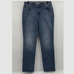 Chicos Platinum Denim Jeans Women 31 Medium Blue Straight Leg Mid Rise Stretch
